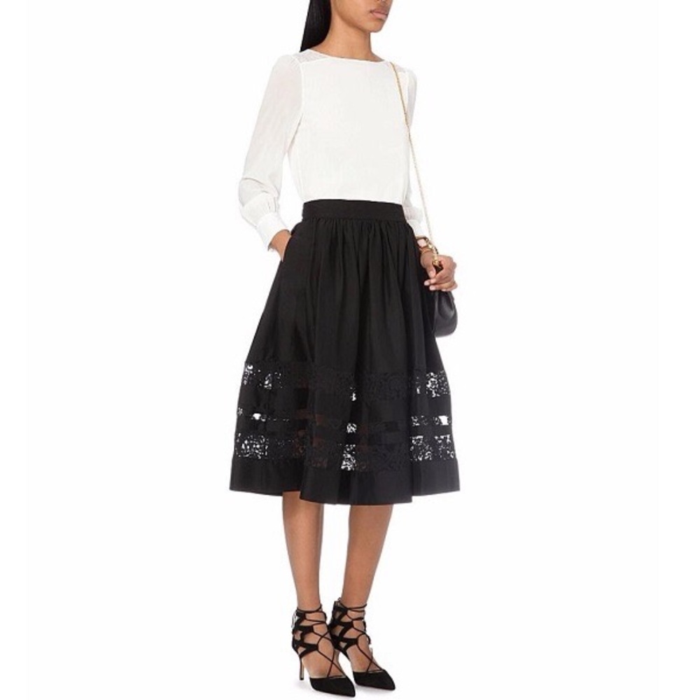 Alice + Olivia "Tamia" midi skirt with lace trim